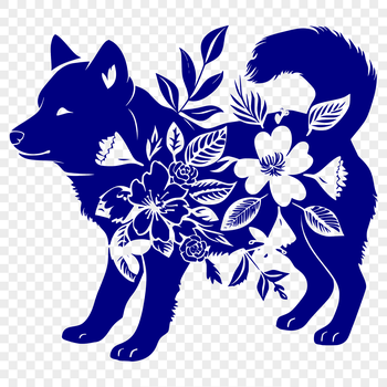 A full-body illustration of a Shiba Inu dog in a floral setting.