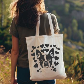 A detailed illustration of a happy Boston Terrier with heart-shaped designs around its head.