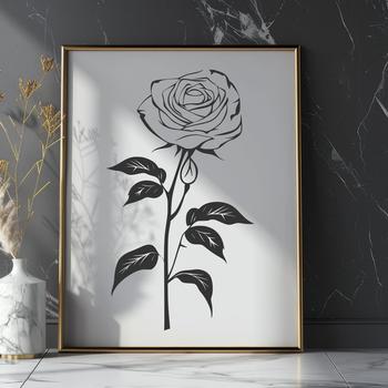 A realistic illustration of a single long-stemmed rose flower, suitable for gardening designs and tattoo templates.