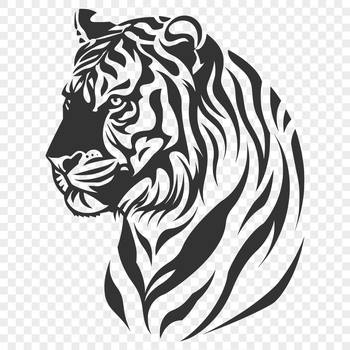 A close-up illustration of a tiger's head with distinctive stripes and whiskers.