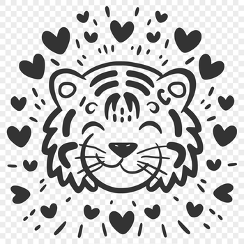A graphic illustration of a tiger's head with decorative love hearts surrounding it.