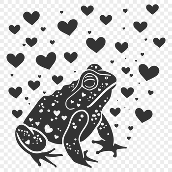 Close-up illustration of a full-body toad with love hearts surrounding its body.