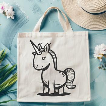 A colorful, mythical creature with a horse body and a single horn on its forehead, depicted in a simple vector style.