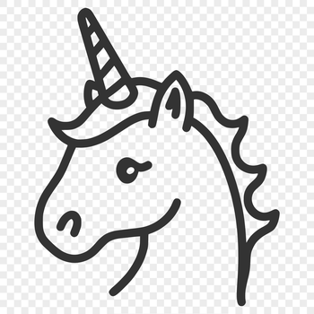 A simple line drawing of a mythical creature's head from a fairy tale, depicted as a unicorn.