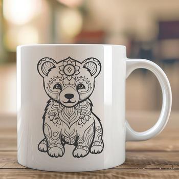 A stylized illustration of a bear in a seated position, with intricate details and ornaments.