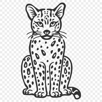 A medium-sized wild cat with a tawny coat and black spots sits on its haunches, looking alert.