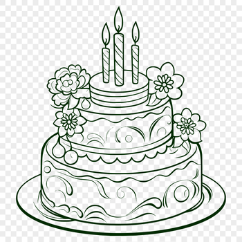 A colorful illustration of a birthday cake with candles and decorations.