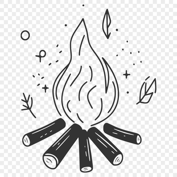 A vector illustration of flames rising from a camp fire in the outdoors.