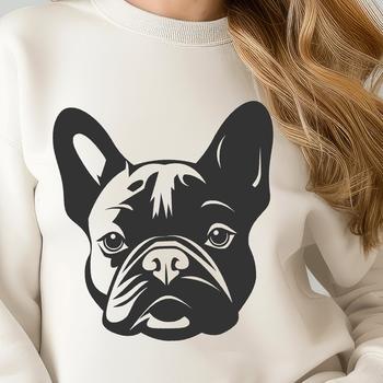 An illustration of a French Bulldog's head from the front view.