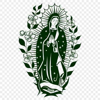 Religious iconography featuring the Virgin Mary in ornate detail with floral patterns.