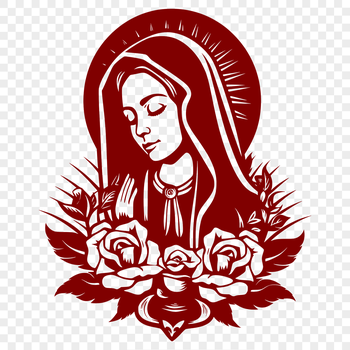 Ornate illustration of the Virgin Mary with floral patterns.