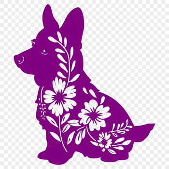 A full-body illustration of a sitting Welsh Corgi set against a subtle floral pattern.