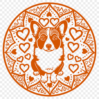 A full-body illustration of a Welsh Corgi sitting with love hearts surrounding its face.
