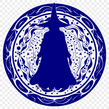 A full-body illustration of a witch, dressed in traditional attire, surrounded by symbols of magic.