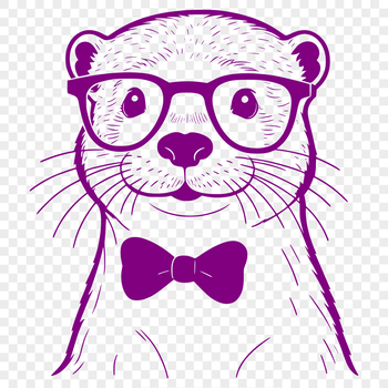 Close-up illustration of a smiling otter wearing glasses in a playful pose.