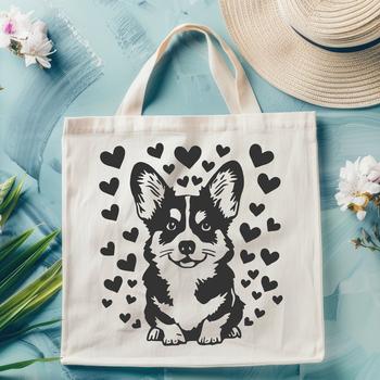 A full-body illustration of a sitting Welsh Corgi breed dog with heart symbols.