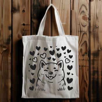 A cartoon illustration of a Shiba Inu dog with hearts surrounding its head.