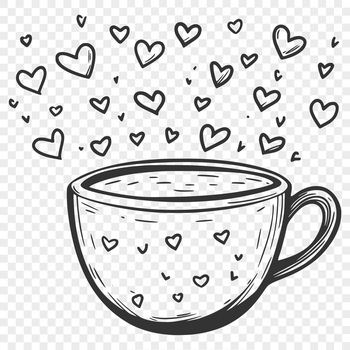 A graphic illustration of a cup with intricate love heart designs.