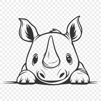 A black and white illustration of a rhino peeking out from behind a bush.