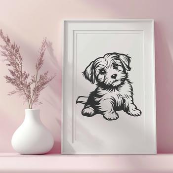 A sitting Havanese dog with a fluffy coat, depicted in a simple vector design.