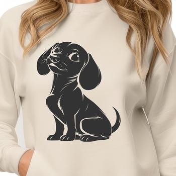 A full-body illustration of a sitting dachshund dog in a digital format.