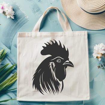A detailed illustration of a rooster's head with feathers and beak.