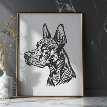 A high-quality vector illustration of a Doberman Pinscher's head with detailed features.