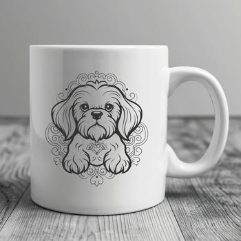 A full-body illustration of a sitting Shih Tzu dog with ornate features.