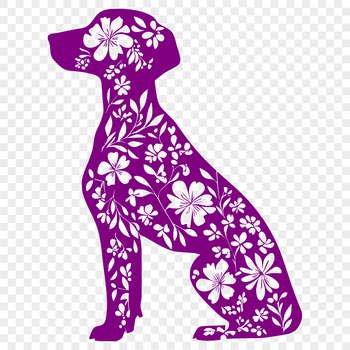 A full-body illustration of a sitting Weimaraner dog surrounded by floral elements.