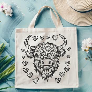 A Scottish Highland cow with love hearts on its head, a representative farm animal often found in rural settings.