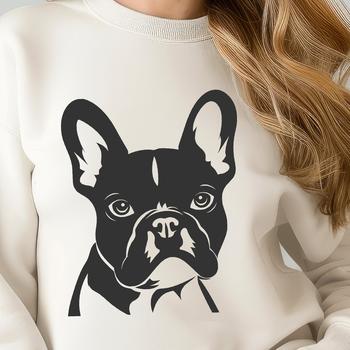 A cartoon illustration of a French Bulldog's head with a flat face and distinctive features.