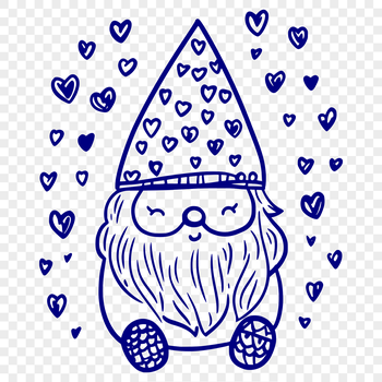 A full-body illustration of a mythical knome creature with love hearts, sitting in a traditional dwarf-like pose.