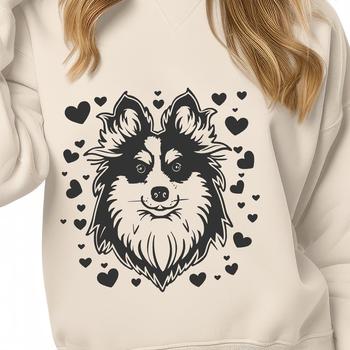 A stylized illustration of a Shetland sheepdog's head, adorned with love hearts.