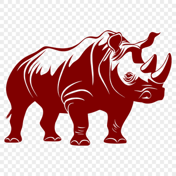 A realistic illustration of a rhino in a savannah landscape.
