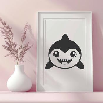 A cartoon-style illustration of a smiling shark in the ocean.