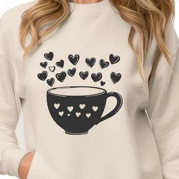 A simple cup design with love hearts and a bold outline.