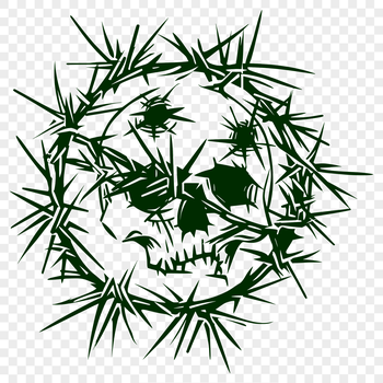 A stylized skull design with intricate thorns and ornate details, suitable for Halloween-themed graphics.