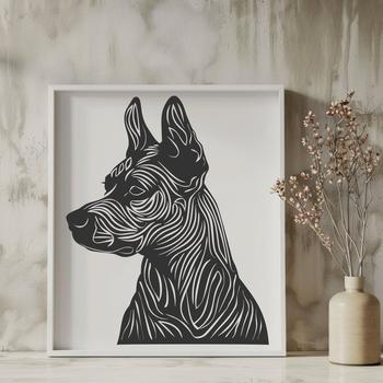 Close-up illustration of a Doberman Pinscher's head with detailed facial features.