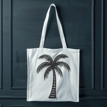 A single palm tree with swaying fronds set against a clear blue sky, suitable for use in graphic design projects.