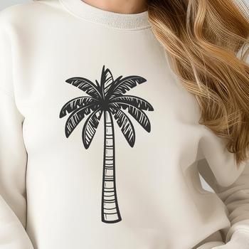 A single palm tree in a beach setting, perfect for tropical vacation graphics.