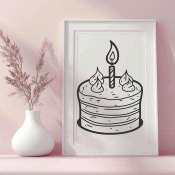 A colorful illustrated birthday cake design suitable for printing and cutting with a Cricut or laser cutter.