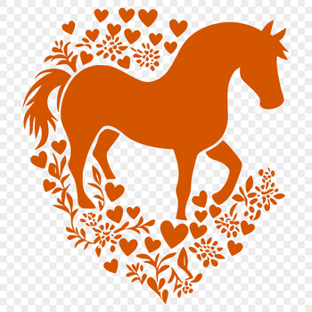A full-body illustration of a horse with decorative love hearts integrated into the design.