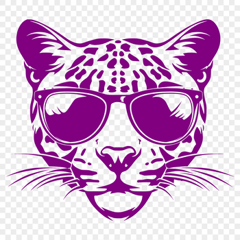 A close-up illustration of a big cat's head wearing sunglasses.