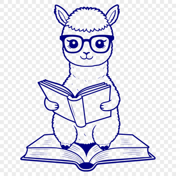 An illustration of a calm alpaca sitting with a book on its lap.