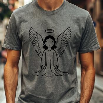 A stylized illustration of a serene angel figure with delicate features and wings.