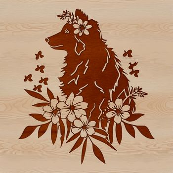 A portrait illustration of a sitting Australian Shepherd dog in a floral setting.