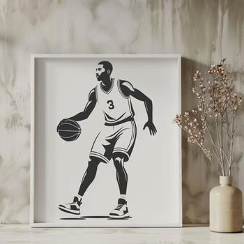 A male basketball player standing with the ball in hand, depicted as a simple vector design.