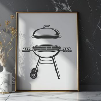 A vector illustration of a barbecue grill with utensils and food on the side.