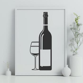 A detailed vector illustration of a glass of wine with a bottle in the background.
