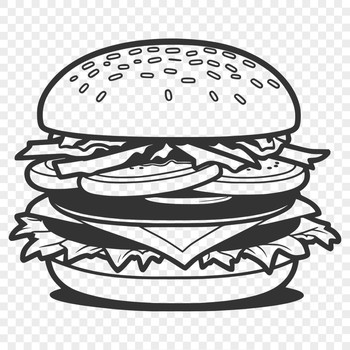 A detailed illustration of a hamburger featuring a beef patty topped with cheese, lettuce, and tomato on a sesame seed bun.